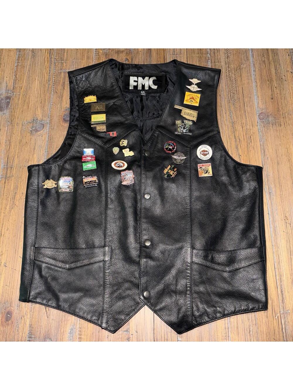 Leather Biker's Vest with Patches and Pins - Size 44 Eagle Harley Owner Oklahoma